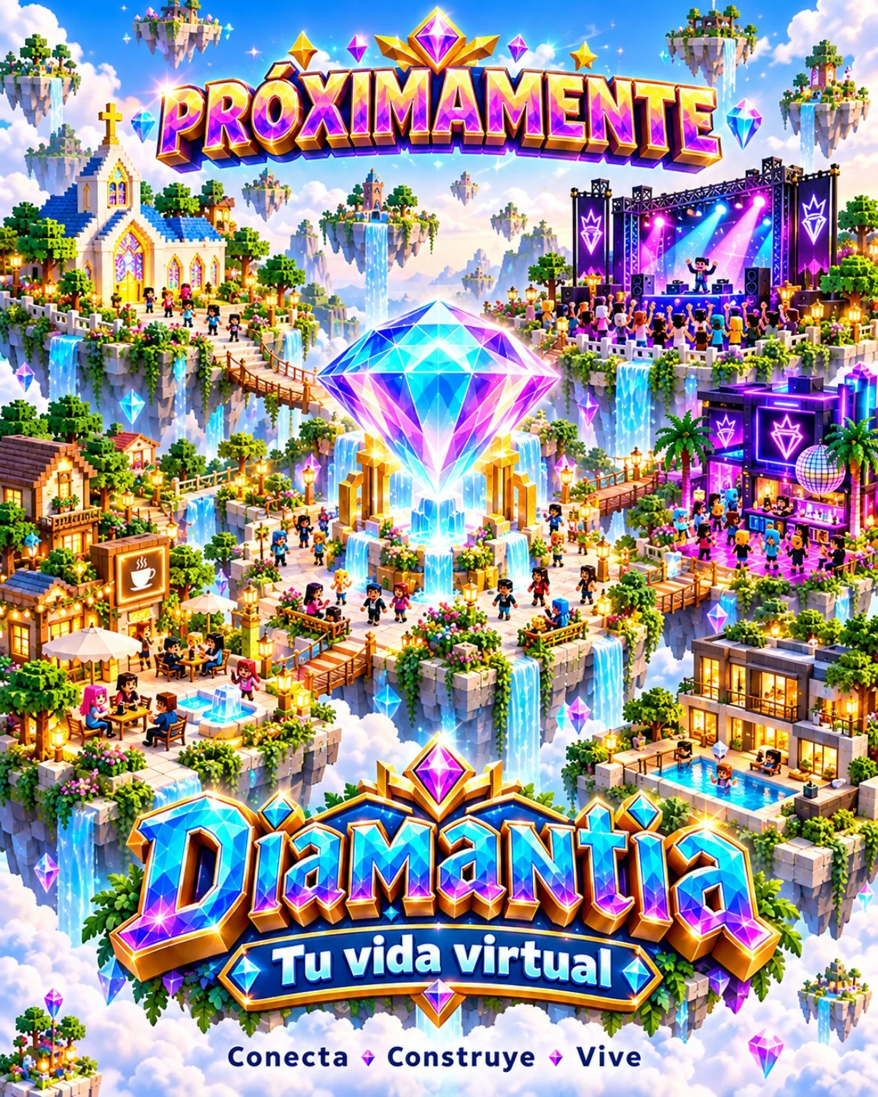 Arte conceptual de Diamantia: islas virtuales con iglesia, escenario musical, discoteca, casas, avatares y un diamante central